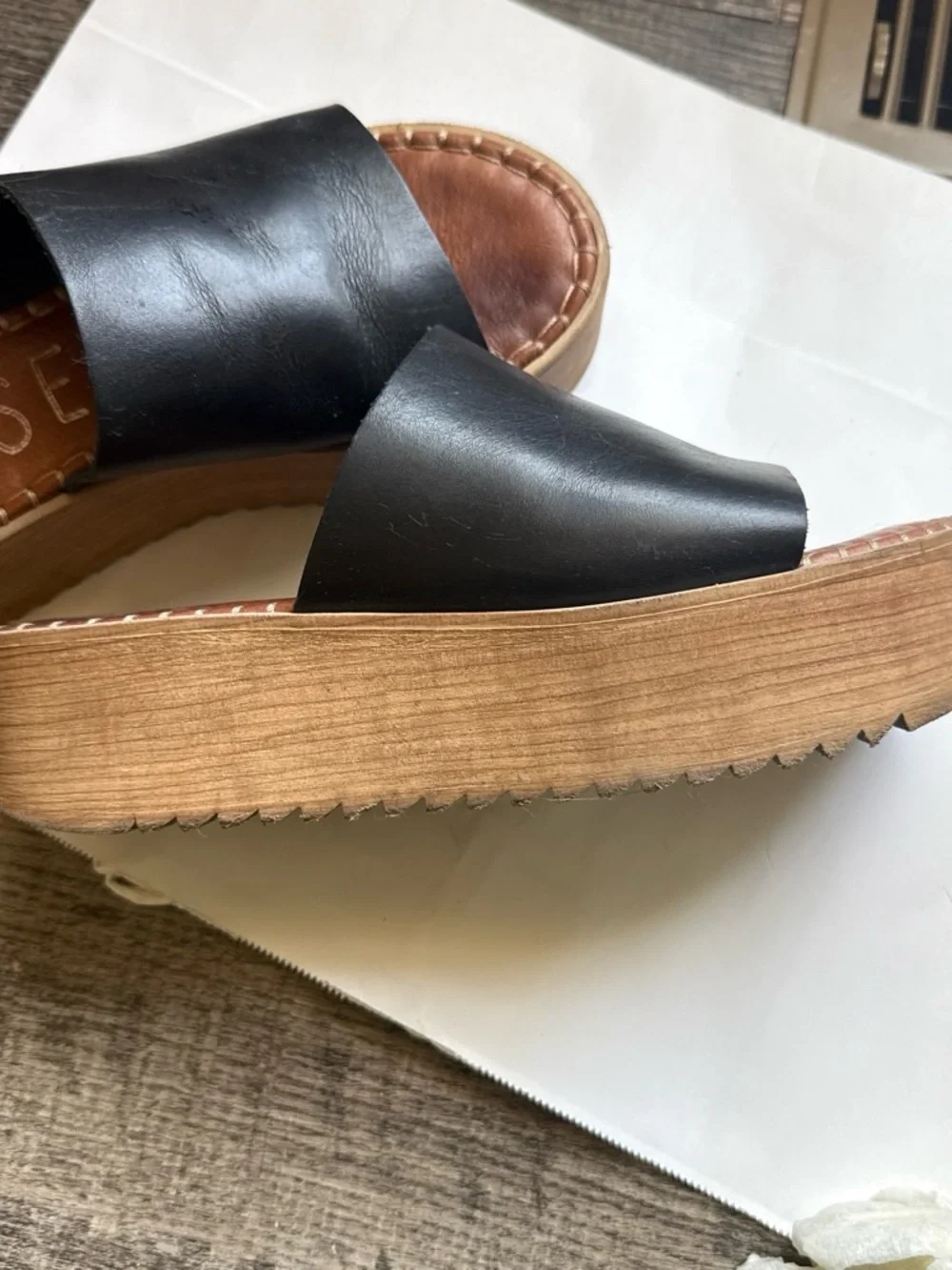 Musse & Cloud Black and Brown Leather Platform Slide Sandals